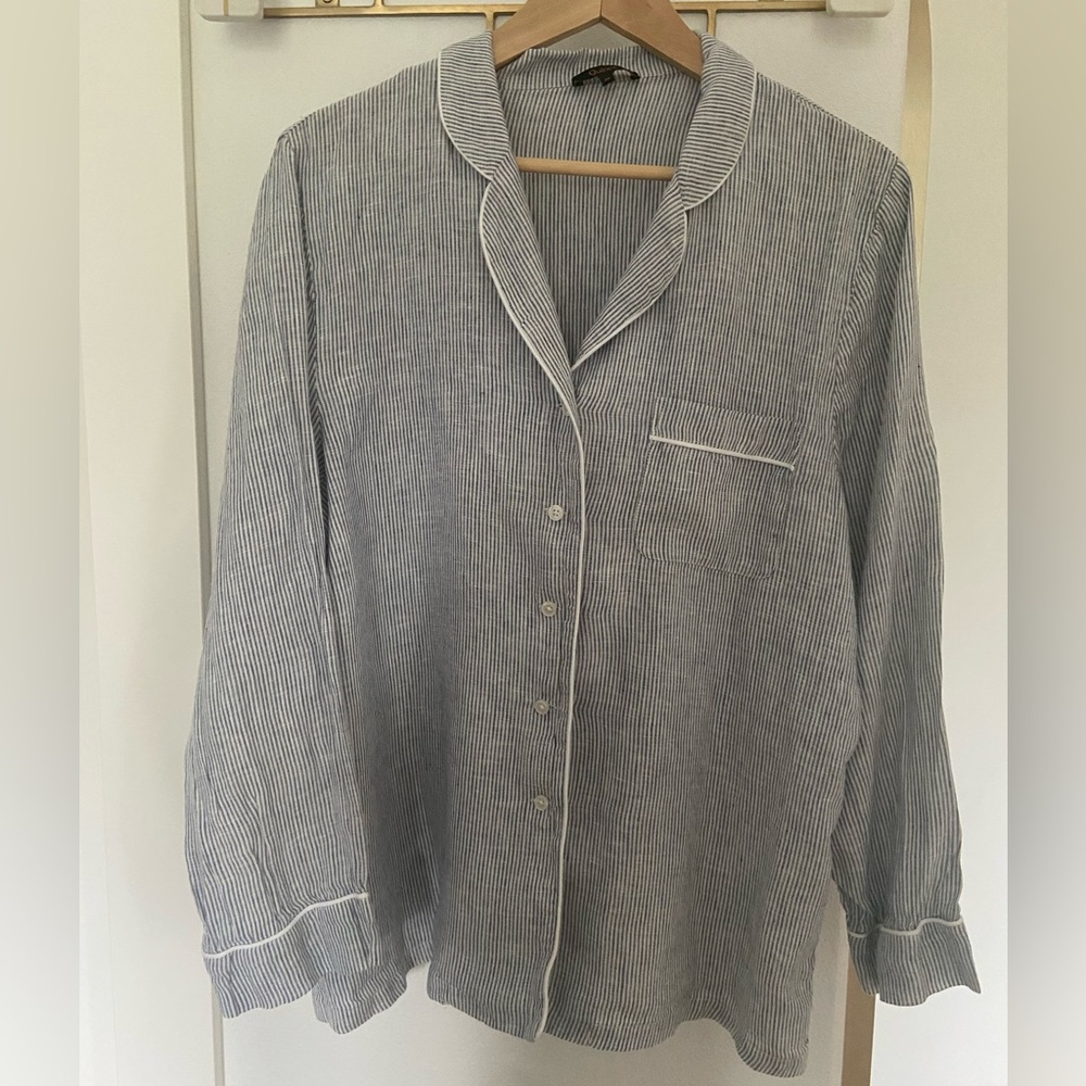 Quince Blue and White Striped Button-Front Linen Shirt Pajama Medium